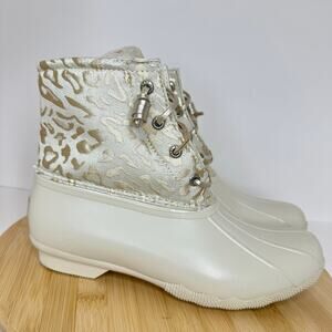 Sperry Top Sider Saltwater Ivory Leopard Duck Boots Snow Rain Waterproof Size 8